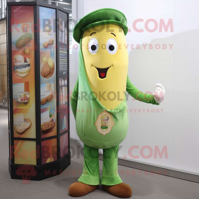 Gold Green Bean mascot costume character dressed with a Button-Up Shirt and Wraps