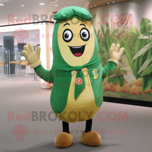 Gold Green Bean mascot costume character dressed with a Button-Up Shirt and Wraps