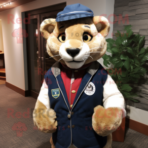 Navy Mountain Lion mascot costume character dressed with a Waistcoat and Scarves