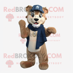 Navy Mountain Lion mascot costume character dressed with a Waistcoat and Scarves