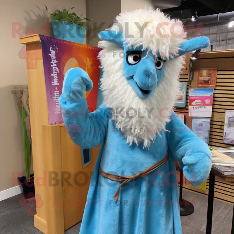 Sky Blue Llama mascot costume character dressed with a Corduroy Pants and Shawl pins