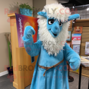 Sky Blue Llama mascot costume character dressed with a Corduroy Pants and Shawl pins