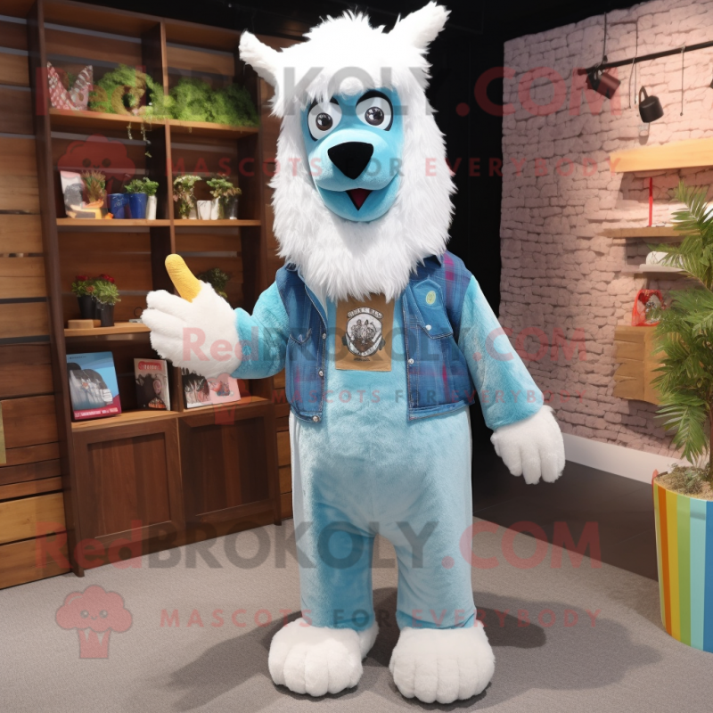 Sky Blue Llama mascot costume character dressed with a Corduroy Pants and Shawl pins Sky Blue Llama mascot costume character dressed with a Corduroy Pants and Shawl pins