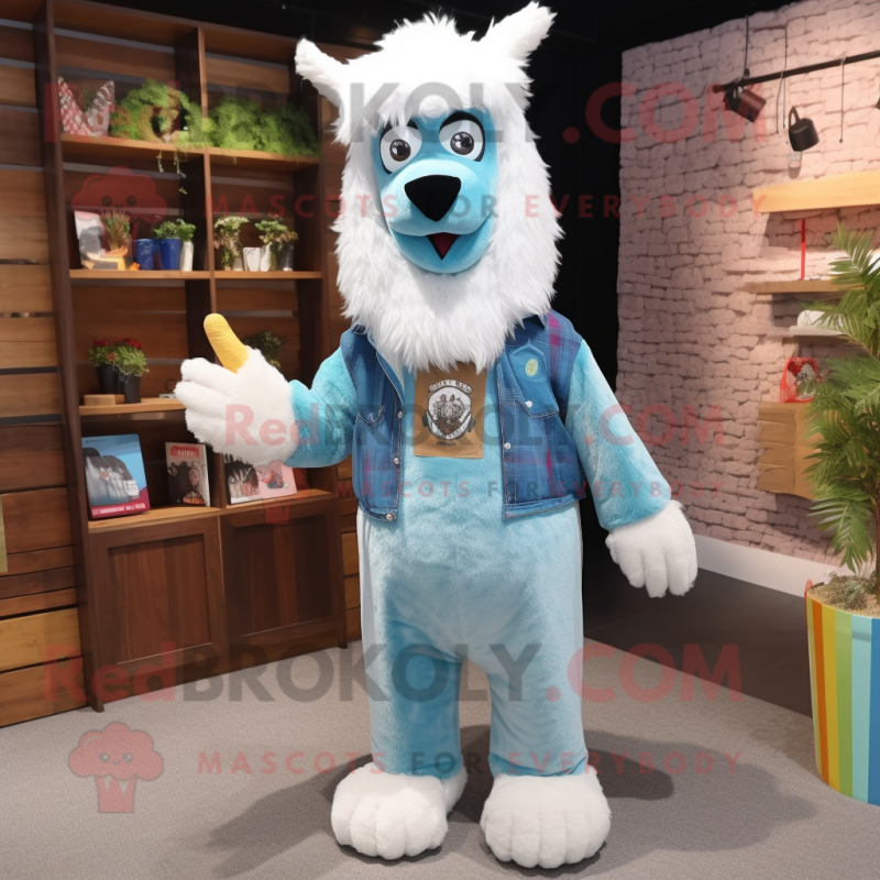 Sky Blue Llama mascot costume character dressed with a Corduroy Pants and Shawl pins