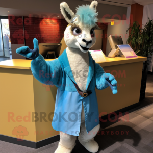 Sky Blue Llama mascot costume character dressed with a Corduroy Pants and Shawl pins