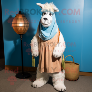 Sky Blue Llama mascot costume character dressed with a Corduroy Pants and Shawl pins