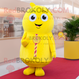 Lemon Yellow Raspberry mascot costume character dressed with a Cover-up and Ties