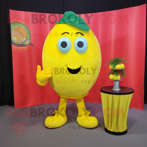 Lemon Yellow Raspberry mascot costume character dressed with a Cover-up and Ties