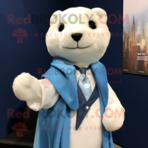 Sky Blue Ermine mascot costume character dressed with a Suit Jacket and Shawls