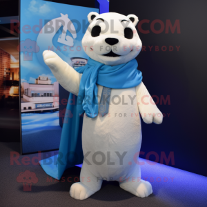 Sky Blue Ermine mascot costume character dressed with a Suit Jacket and Shawls