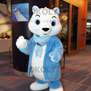 Sky Blue Ermine mascot costume character dressed with a Suit Jacket and Shawls