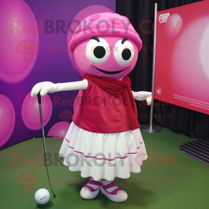 Magenta Golf Ball mascot costume character dressed with a Wrap Skirt and Scarves