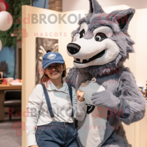 Gray Wolf mascot costume character dressed with a Mom Jeans and Brooches