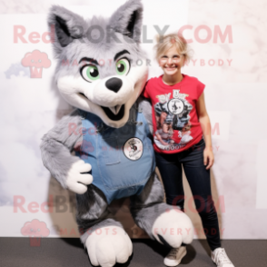 Gray Wolf mascot costume character dressed with a Mom Jeans and Brooches