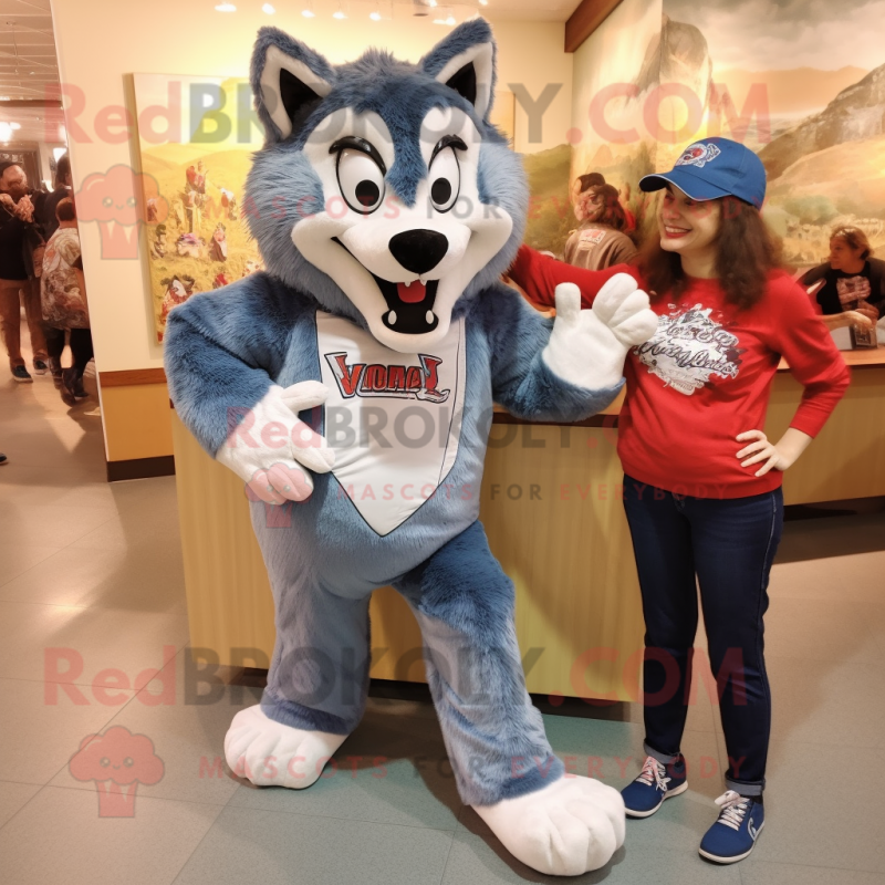 Gray Wolf mascot costume character dressed with a Mom Jeans and Brooches