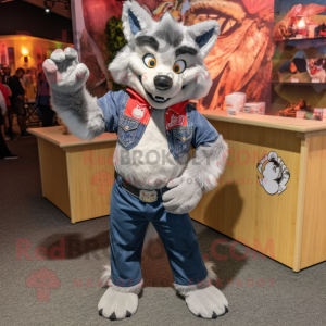 Gray Wolf mascot costume character dressed with a Mom Jeans and Brooches