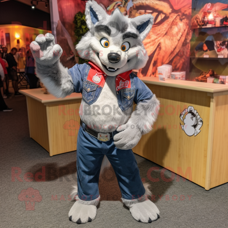 Gray Wolf mascot costume character dressed with a Mom Jeans and Brooches Gray Wolf mascot costume character dressed with a Mom Jeans and Brooches