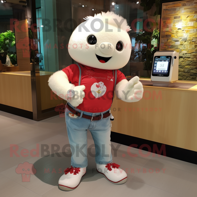 Cream Raspberry mascot costume character dressed with a Boyfriend Jeans and Bracelet watches