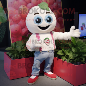 Cream Raspberry mascot costume character dressed with a Boyfriend Jeans and Bracelet watches