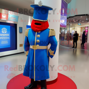 Sky Blue British Royal Guard mascot costume character dressed with a Hoodie and Scarves