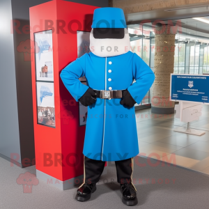 Sky Blue British Royal Guard mascot costume character dressed with a Hoodie and Scarves