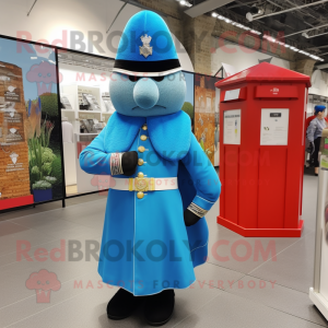 Sky Blue British Royal Guard mascot costume character dressed with a Hoodie and Scarves