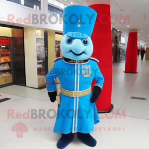 Sky Blue British Royal Guard mascot costume character dressed with a Hoodie and Scarves