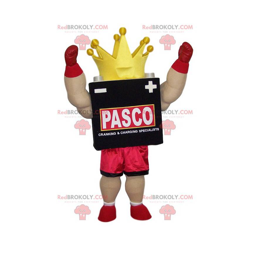 Mascote do boxer com sua coroa amarela e shorts vermelhos -