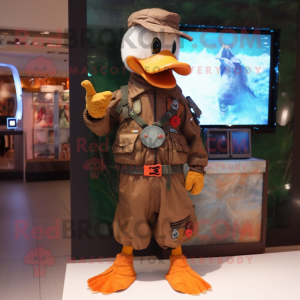 Rust Muscovy Duck mascot costume character dressed with a Cargo Pants and Digital watches