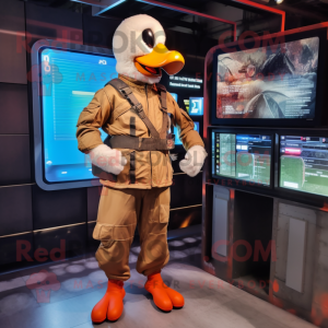Rust Muscovy Duck mascot costume character dressed with a Cargo Pants and Digital watches