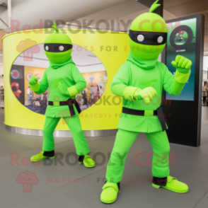 Lime Green Ninja mascot costume character dressed with a Suit Pants and Smartwatches