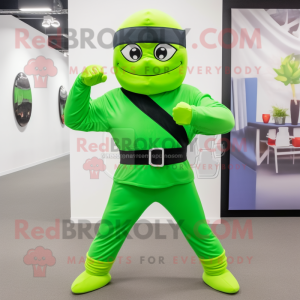 Lime Green Ninja mascot costume character dressed with a Suit Pants and Smartwatches