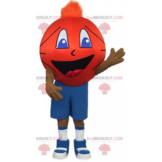 Mascotte de joeur de sport, avec une tête en ballon de basket -
