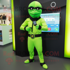 Lime Green Ninja mascot costume character dressed with a Suit Pants and Smartwatches