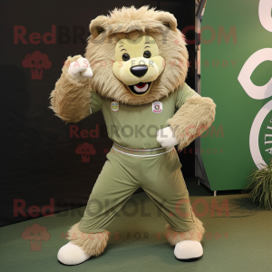 Olive Tamer Lion mascot costume character dressed with a Joggers and Rings