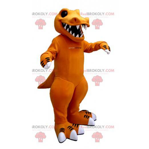 Mascote dinossauro laranja e branco com dentes grandes -