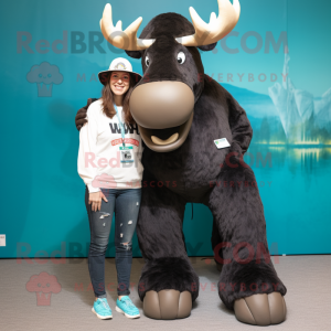 Black Irish Elk mascot costume character dressed with a Boyfriend Jeans and Caps