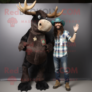 Black Irish Elk mascot costume character dressed with a Boyfriend Jeans and Caps