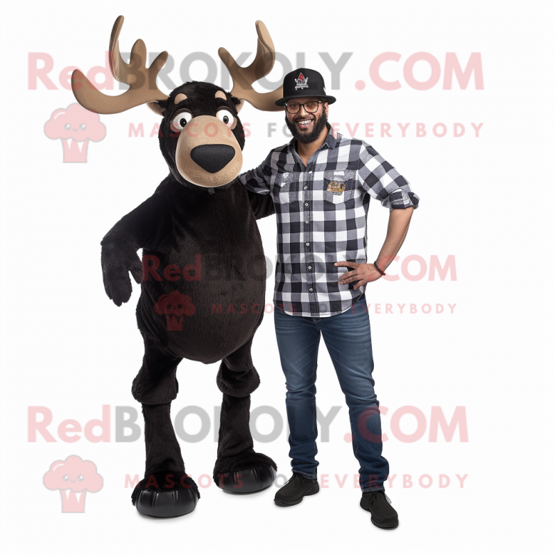 Black Irish Elk mascot costume character dressed with a Boyfriend Jeans and Caps Black Irish Elk mascot costume character dressed with a Boyfriend Jeans and Caps