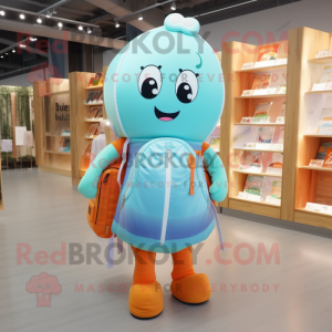Cyan Apricot mascot costume character dressed with a Pencil Skirt and Backpacks