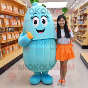 Cyan Apricot mascot costume character dressed with a Pencil Skirt and Backpacks