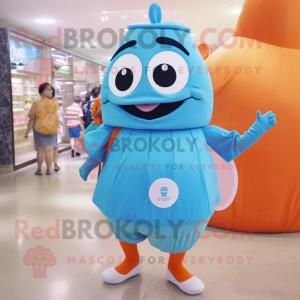 Cyan Apricot mascot costume character dressed with a Pencil Skirt and Backpacks