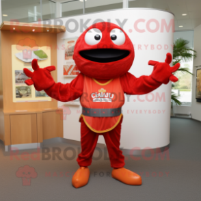 Red Crab Cakes mascot costume character dressed with a V-Neck Tee and Cummerbunds