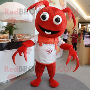 Red Crab Cakes mascot costume character dressed with a V-Neck Tee and Cummerbunds