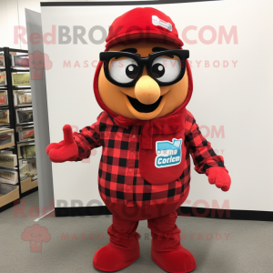 Red Grenade mascot costume character dressed with a Flannel Shirt and Reading glasses