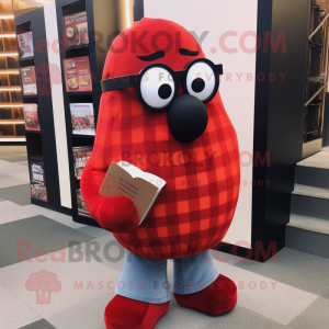 Red Grenade mascot costume character dressed with a Flannel Shirt and Reading glasses