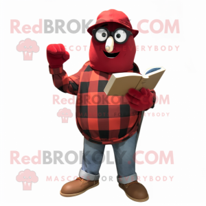 Red Grenade mascot costume character dressed with a Flannel Shirt and Reading glasses