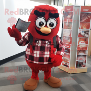 Red Grenade mascot costume character dressed with a Flannel Shirt and Reading glasses