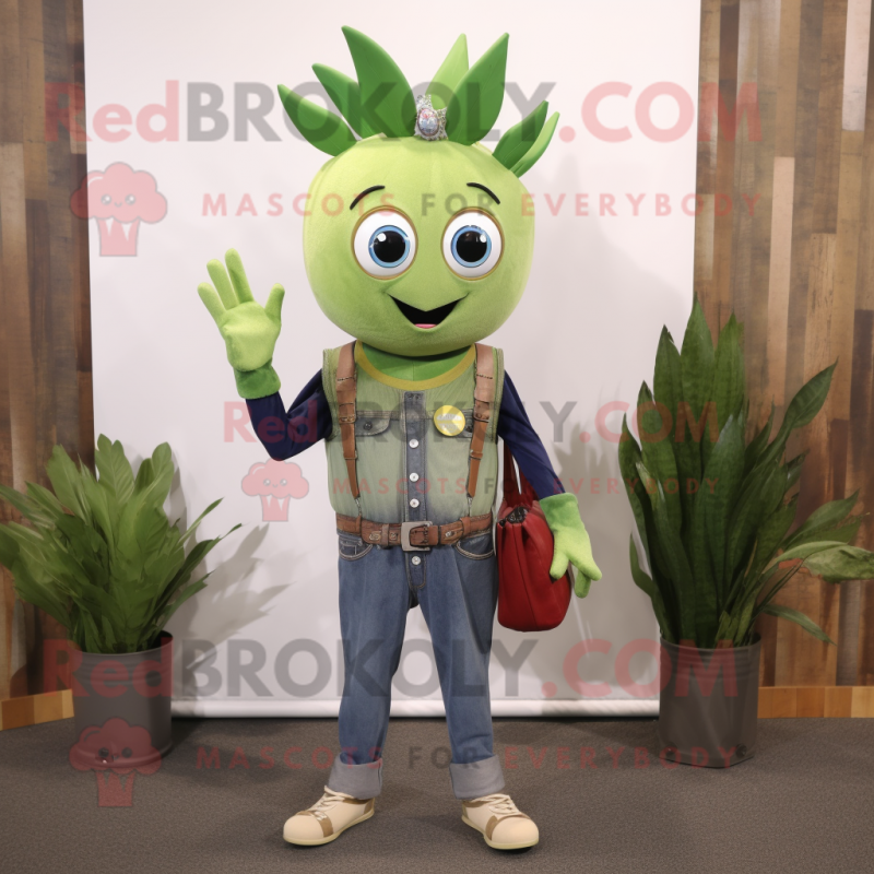 Olive Aglet mascot costume character dressed with a Jeans and Keychains Olive Aglet mascot costume character dressed with a Jeans and Keychains