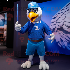 Blue Eagle mascot costume character dressed with a Polo Tee and Caps